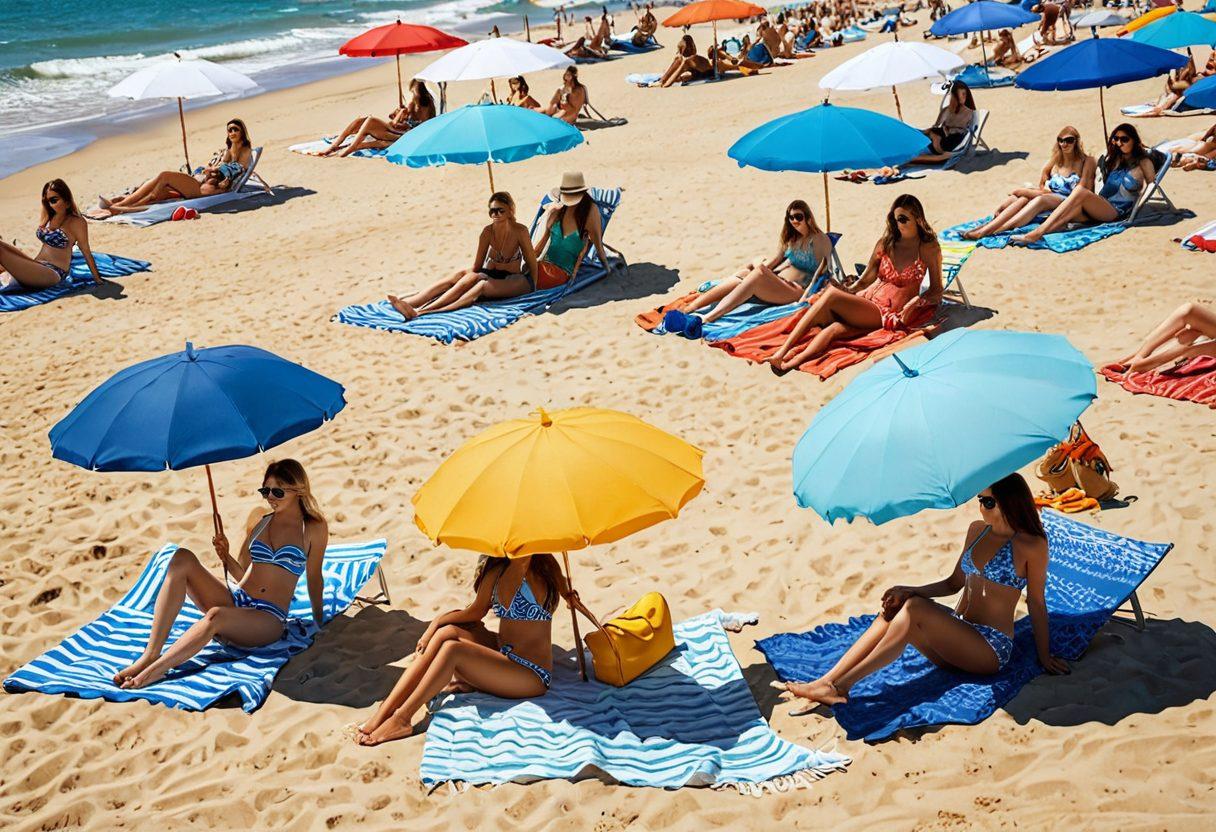 A stylish beach scene showcasing a diverse group of individuals in both trendy bikinis and elegant modest swimwear, all enjoying a sunny day by the ocean. Vibrant summer colors in the background with beach umbrellas and towels, a clear blue sky, and gentle waves. Incorporate elements of fashion, like accessories and fashionable sunglasses, to highlight chic summer attire. super-realistic. vibrant colors. sunny backdrop.