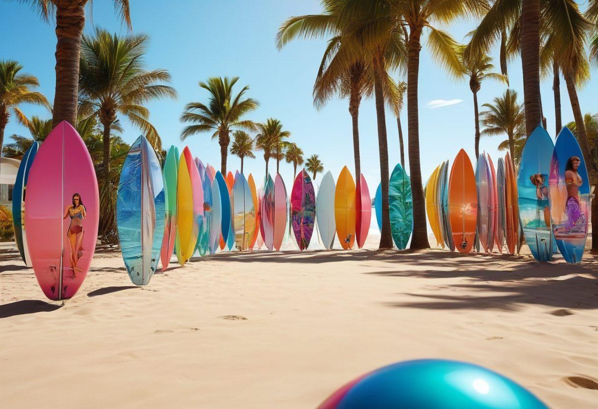 A vibrant scene featuring a diverse group of individuals confidently trying on stylish swimwear at a virtual beach setting, with holographic mirrors displaying colorful patterns and trendy swimwear designs. Bright sunlight filters through palm trees, and playful beach elements like surfboards and beach balls enhance the atmosphere. A digital interface elegantly showcases the online try-on options. colorful and modern. 3D. vibrant colors.